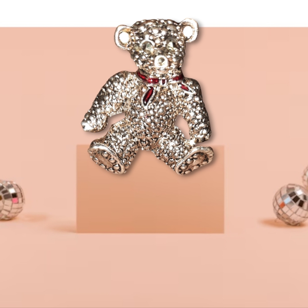 Signed marcasite teddy bear rhinestone brooch silvertone
